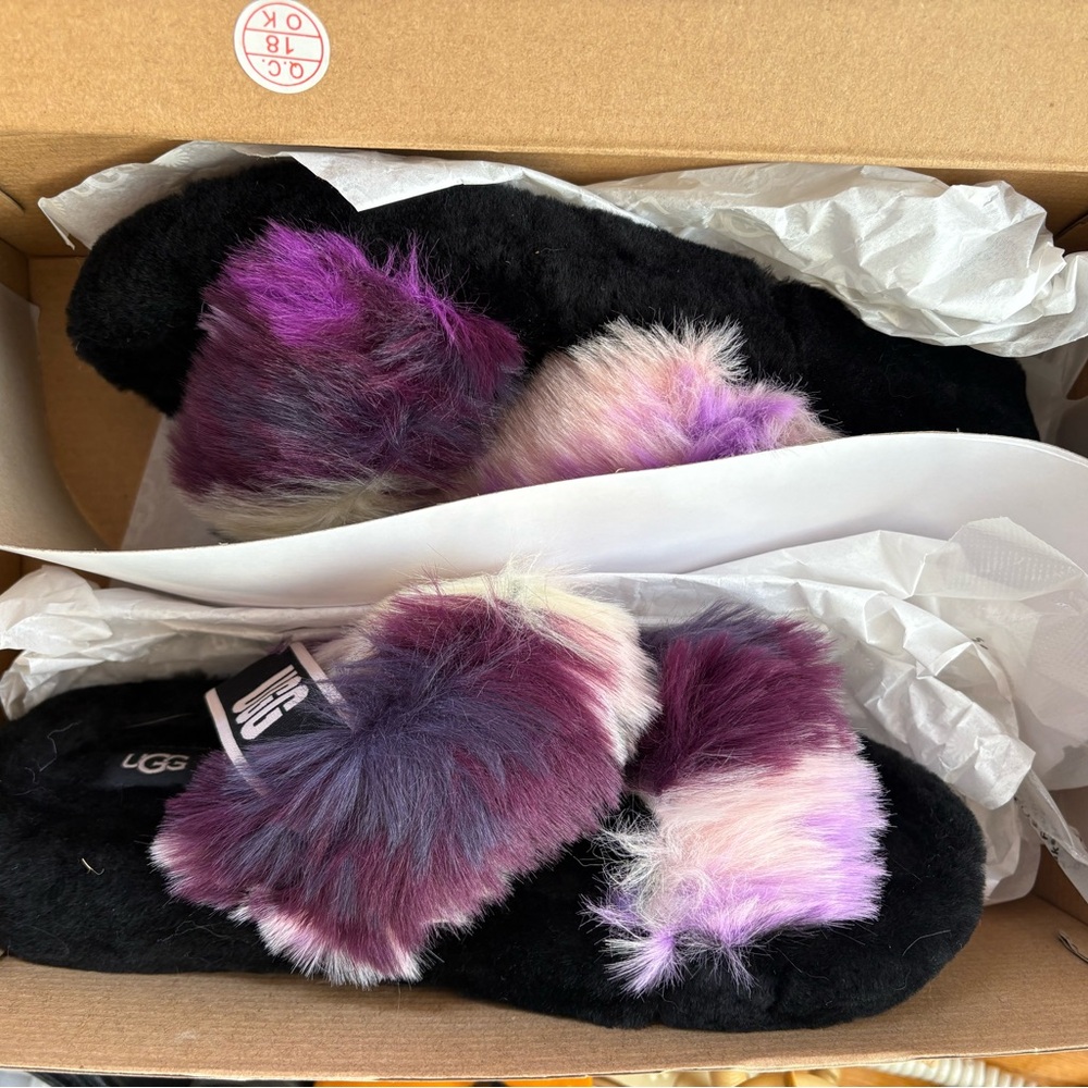 UGG Women's Black Slides with Purple Multi Faux Fur